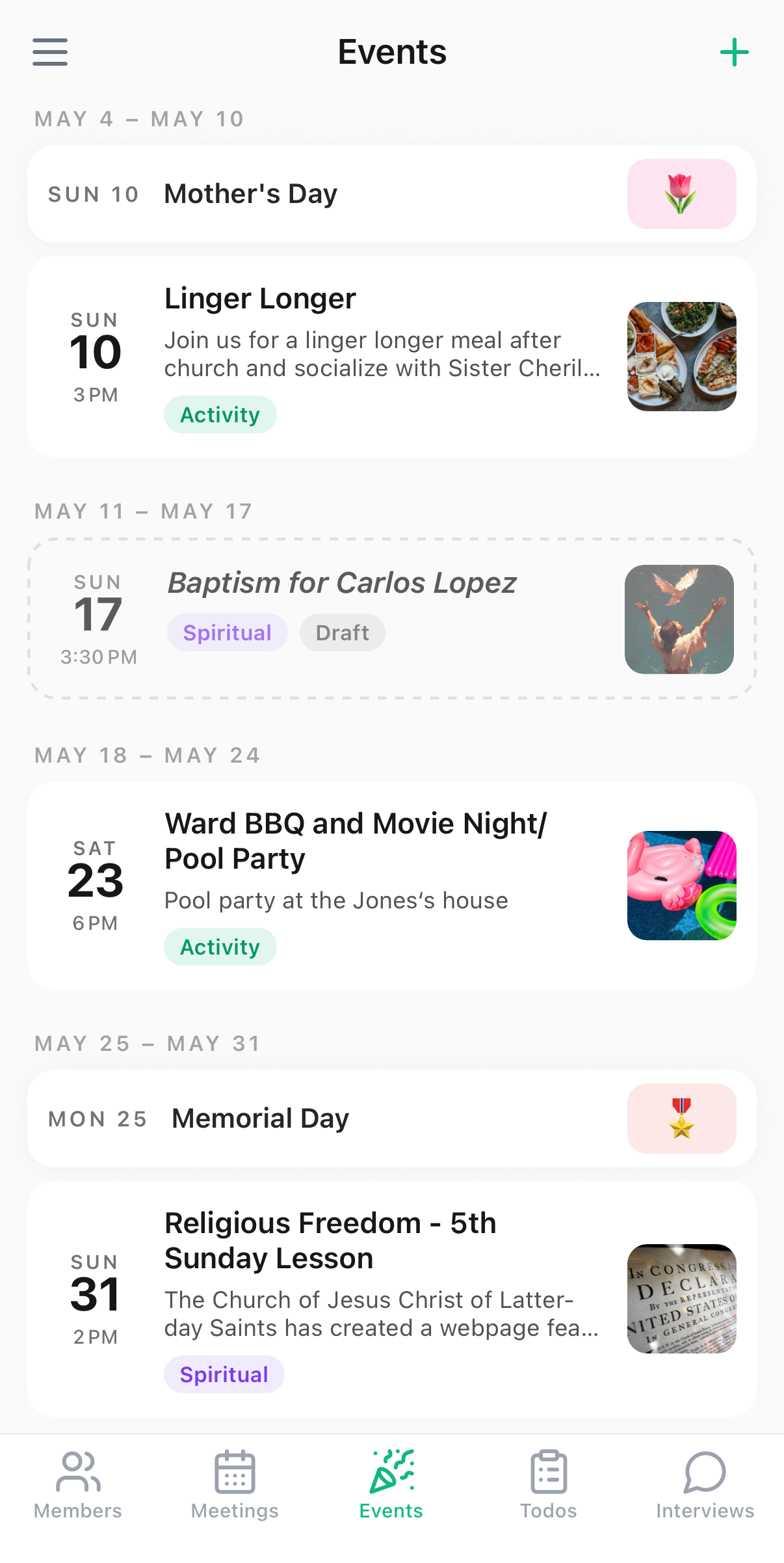 The Numbered events screen showing ward activities with photos